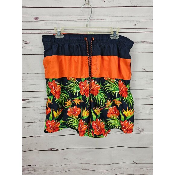 Faded Glory Men's Hawaiian Floral Swim Trunks - Elastic Waist & Drawstring - Picture 2 of 11